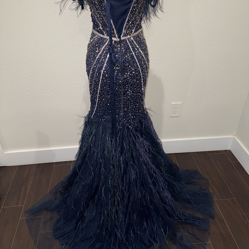 Strapless Navy Beaded Feather Mermaid Dress - Picture 3 of 4